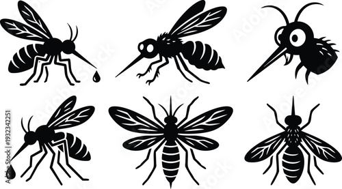Minimalist vector art set of six black mosquito icons showing varied angles close up proboscis feeding drops flat design silhouette on white background clean isolated