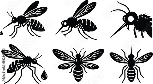 Minimalist flat design closeup mosquito and wasp silhouettes showing proboscis and stinger with droplet on white background high contrast vector mockup svg png isolated front view