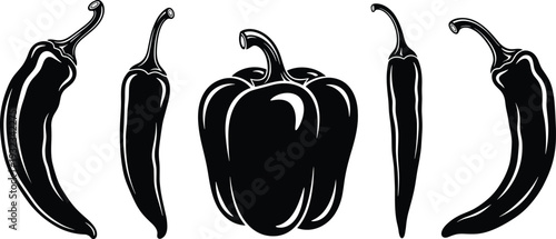 Set of Five Detailed Black Pepper Silhouettes Including Bell Pepper and Spicy Chili Peppers with Curved Stems Isolated on White Background for Food Design (25 words)