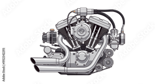 Detailed illustration of a motorcycle engine with chrome pipes and black cables on a white background.