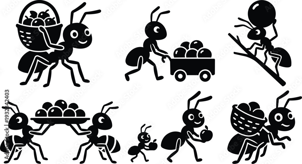 Fototapeta premium Minimalist vector art close up happy ants carrying fruit basket and cart teamwork scene with side view children style silhouettes on white background flat playful composition
