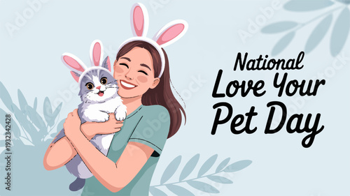 Woman wearing bunny ears holds cute dog on national love your pet day with leaf background