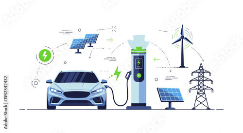 Illustration of an electric vehicle charging at a station with solar panel and wind turbine in the background, conveying eco-friendly energy concept.