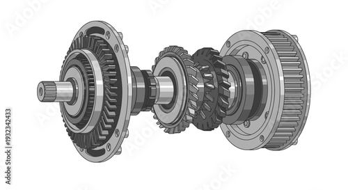 Detailed rendering of a disassembled mechanical gear system with interlocking cogs on a white background.