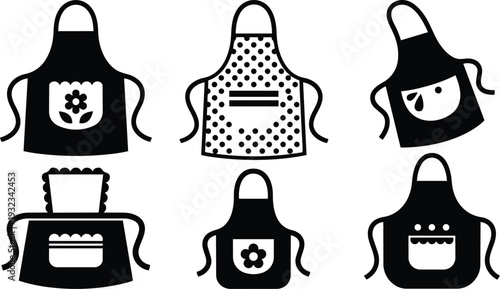 Minimalist vector apron icons set six flat design kitchen aprons front view with pockets straps floral polka dot and tilted preview for craft mockup black white