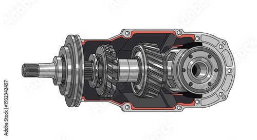 Detailed cutaway illustration of a mechanical gearbox with red outline on a white background