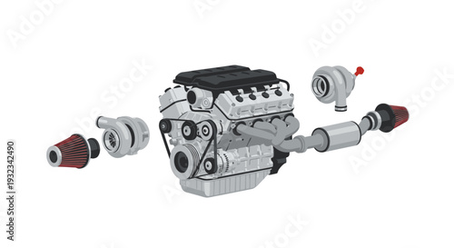 Disassembled car engine parts on a plain white background with various components separated.