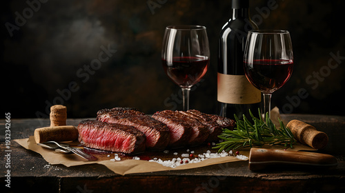 Gourmet Grilled Steak Board with Wine Pairing – Sliced Medium-Rare Beef Ribeye on Wooden Serving Board with Red Wine Glasses, Fresh Parsley and Warm Bokeh Lighting