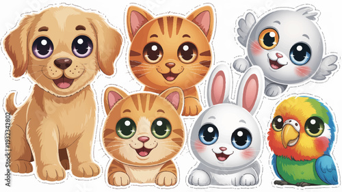 Cute cartoon animals group including dog cats rabbit and parrot smiling and looking friendly together