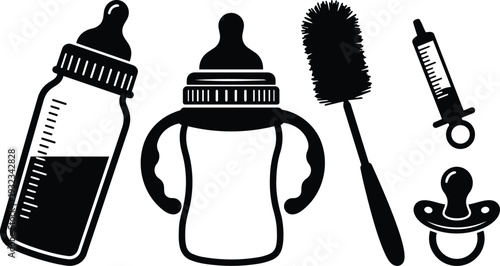 Minimalist vector baby feeding set flat design close up sippy cup and bottle with nipple pacifier bottle brush and syringe angled view high contrast black silhouettes