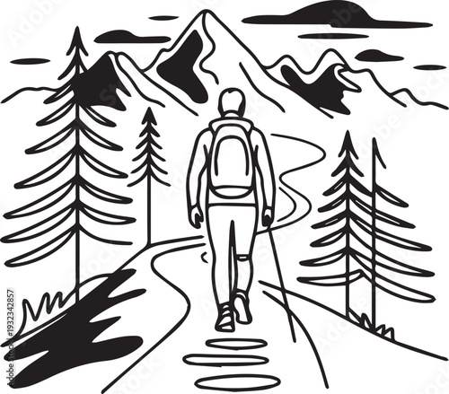 Adventure Awaits Trekking Through Majestic Mountains on a Winding Path with Pine Trees