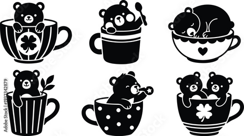 Vector art cute bear characters in teacups close up set showing peeking sleeping spoon holding cuddling two bears with clover and heart motifs flat design silhouette