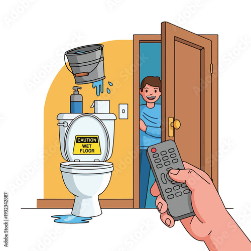 A cartoon shows a prank involving a toilet, water, and a person