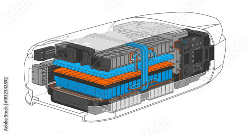 Detailed cutaway illustration of a battery with internal components exposed, showcasing blue and orange parts within a transparent casing on a white background.