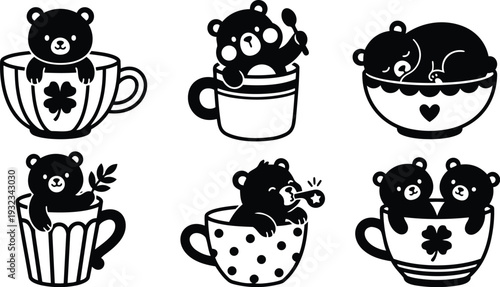 Cute kawaii tea cup bear icons set six drawn black and white vector art showing sleeping peeking hugging holding spoon bears in patterned cups close up