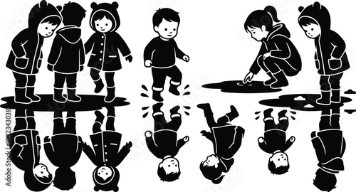 Minimalist monochrome vector art close up children splashing in puddles with raincoats and boots group reflection mirrored on water low angle playful mood hooded coats smiling