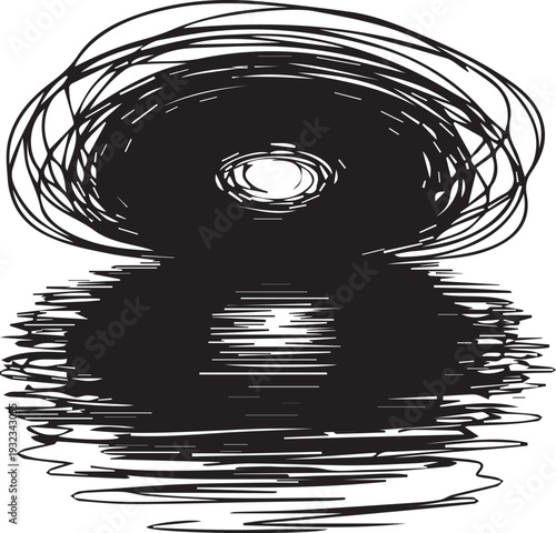 Abstract black and white illustration of a dark circular shape with a mirrored reflection below