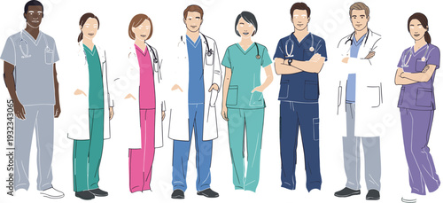 Diverse Group of Professional Doctors and Nurses Wearing Colorful Scrubs and White Lab Coats Standing Together in a Medical Team Illustration