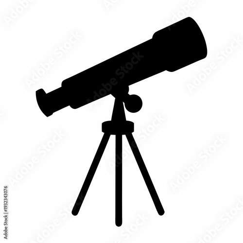 Black silhouette of a telescope on a tripod against a white background