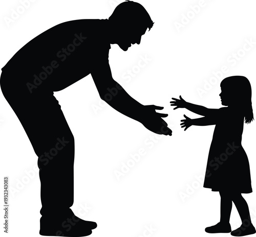 Silhouette of adult and child facing each other with outstretched arms, symbolizing care, affection, family bonding, love, connection, and parenting in vector illustration.