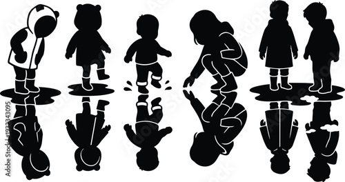 Minimalist vector silhouettes of children splashing in puddles with mirror reflections wearing boots and raincoats view high contrast black and white playful reflective composition close up