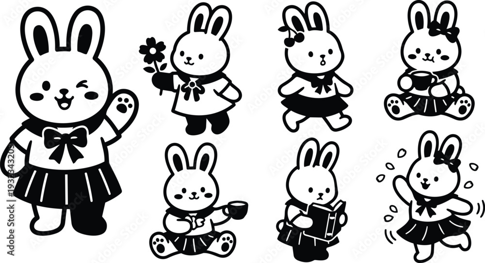 Obraz premium Kawaii line art vector set of seven school bunny characters in sailor uniforms smiling waving holding flower reading cup sitting dancing black and white playful compositions