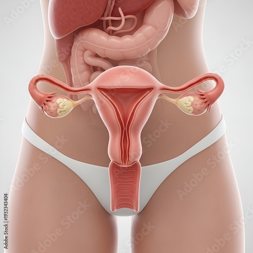Anatomical illustration of the female reproductive system and pelvic organs.