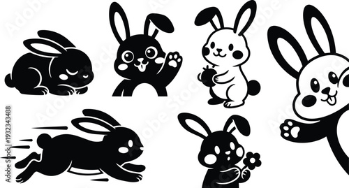 Cute vector art of playful bunnies in various poses sleeping running waving and peeking holding flower and fruit flat design black and white silhouette cheerful closeup