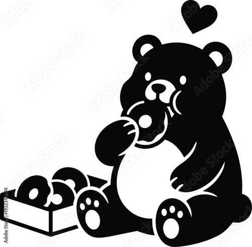 Cute black bear vector eating a donut close up sitting with box of donuts looking at camera heart above playful flat design mockup svg png illustration