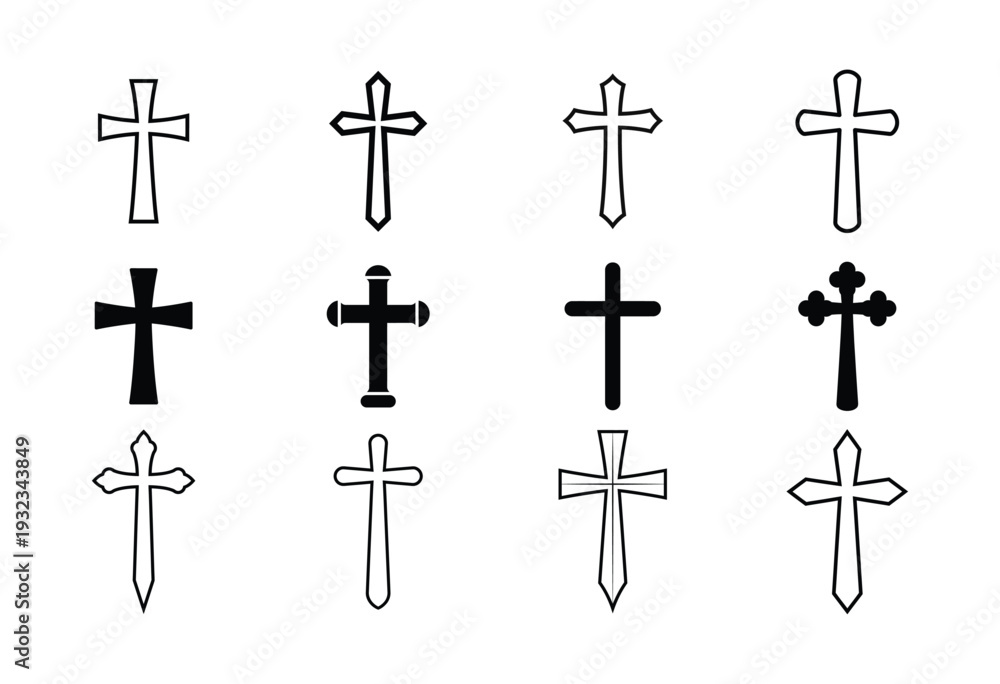 Fototapeta premium Christian Cross Outline Silhouette Vector Set