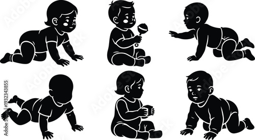 Minimalist vector art six baby silhouettes crawling and sitting viewed from side and three quarter angles holding rattle and block in studio lighting playful newborn scene