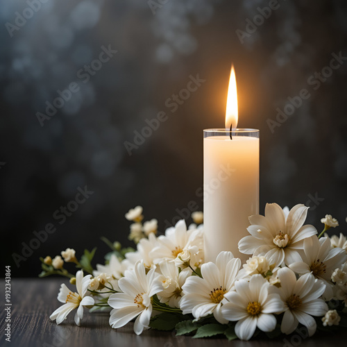 Funeral card template with burning candle and white flowers, condolence background with copy space for obituary text, memorial service announcement with floral arrangement.