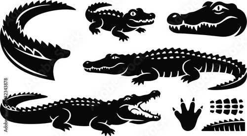 Black stencil vector set of crocodile and alligator silhouettes showing open mouth head tail footprint and scales arranged as separate elements for logo mockup use
