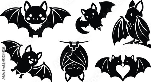 Cute cartoon bat icons in flat vector art showing flying and hanging poses two bats forming heart shape smiling faces bold silhouette on minimalist white background