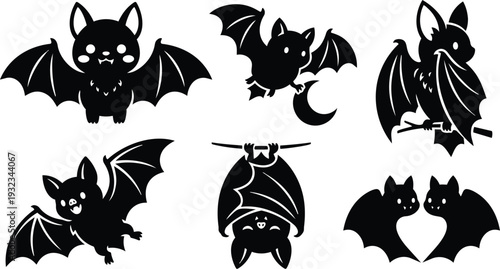 Cute minimalist vector bat icon set with flying and hanging poses heart shaped pair crescent moon element branch perch and isolated black silhouettes for halloween cartoon