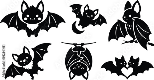 Cute cartoon bat icons set showing six hanging flying and heart pair bats in silhouette flat design for halloween sticker logo svg png mockup vector collection