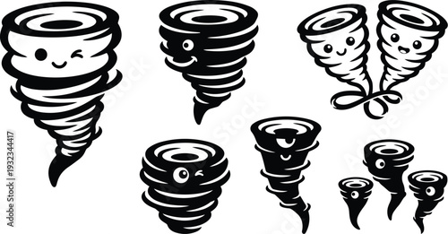 Cute monochrome twister characters with smiling and winking faces grouped as single pair and trio vector icons showing spiral funnel shapes front view with playful expression