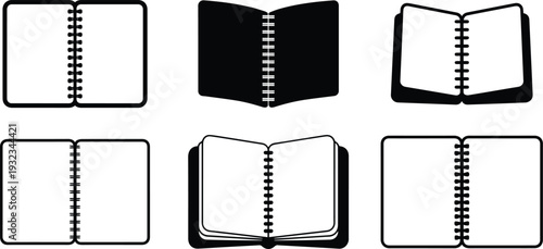 Set of Minimalist black open spiral notebook silhouette vector icon