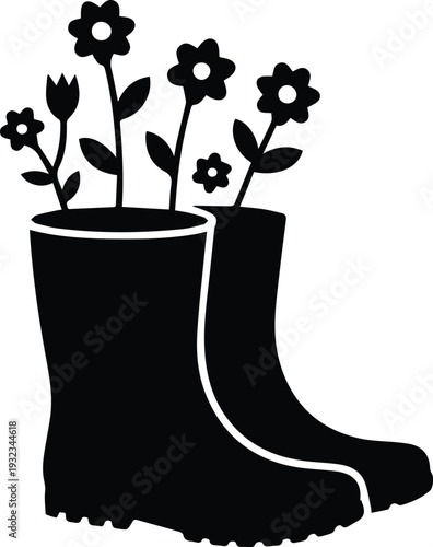 Minimalist black rain boots with flowers silhouette vector icon