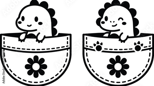 Minimalist vector flat design close up two pocket dinosaurs peeking from stitched floral pocket one winking one smiling side view playful cute illustration black and white