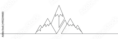 Continuous one line drawing of mountain peaks with snow caps for minimalist nature landscape design concept. Editable stroke outline. Single contour art. Doodle hand drawn vector illustration