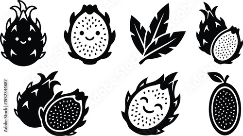 Minimalist icon close up smiling dragon fruit halves and whole fruits flat design set with leaves front view black silhouette on white background playful mood vector