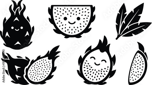Minimalist icon set close up smiling dragon fruit slices and halves with seeds leaves and playful faces flat design black silhouette on white background landscape composition