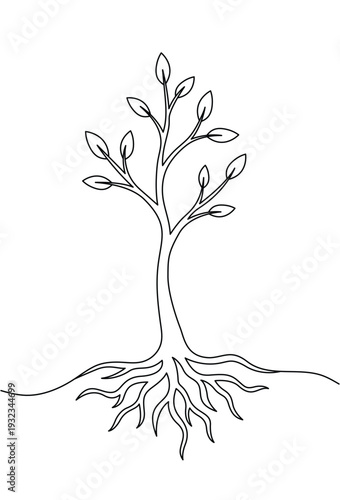 Minimalist continuous one line drawing of a young tree with visible roots and small leaves. Editable stroke outline. Draw thin linear width. Single contour art. Doodle hand drawn vector illustration