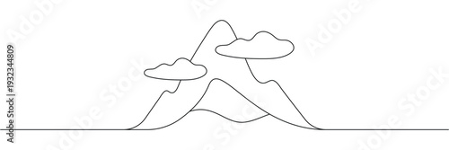 Continuous one line drawing of mountain peaks with clouds in a minimalist simple landscape style. Editable stroke outline. Single contour art. Doodle hand drawn vector illustration