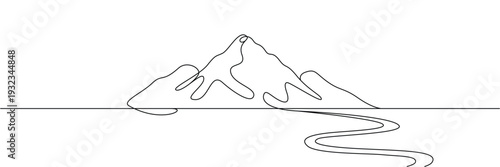 Minimalist continuous one line drawing of mountain peaks with winding path through the valley landscape. Editable stroke outline. Single contour art. Doodle hand drawn vector illustration