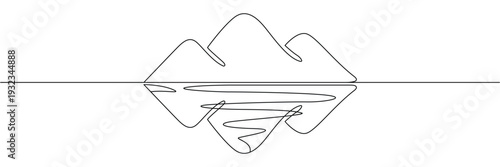 Continuous one line drawing of mountain peaks reflecting on calm water surface in minimalist style. Editable stroke outline. Single contour art. Doodle hand drawn vector illustration