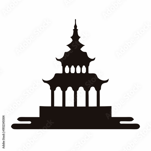 Detailed Black Silhouette of an Asian or Chinese Pagoda Temple