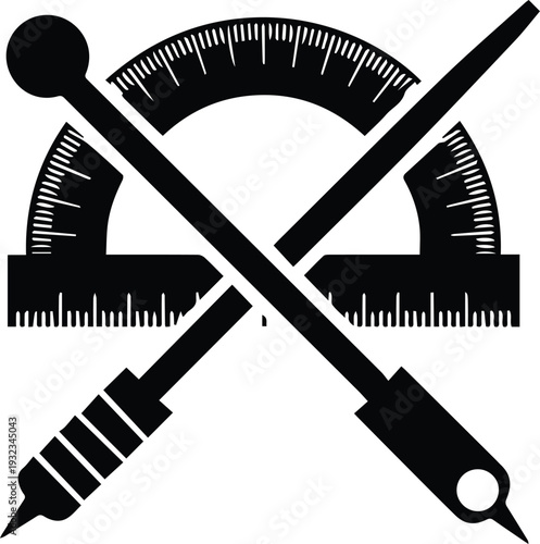 Minimalist black protractor and a set square crossed silhouette vector icon