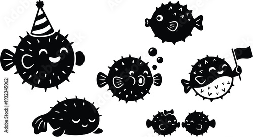 Minimalist silhouette vector art pufferfish characters in a playful party scene with one wearing a cone hat and another holding a tiny flag cheerful close up